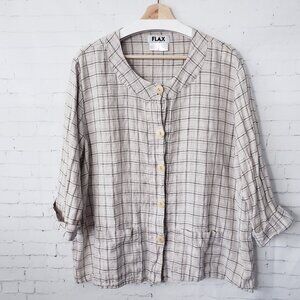 Flax 100% Linen Top Size L Button Front Tan Boxy Plaid Lagenlook Womens Peasant
